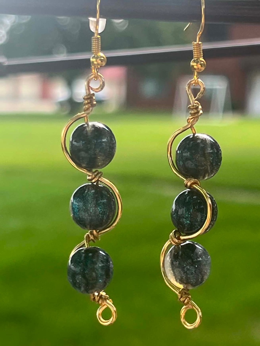 Handmade Gold-Wrapped navy dangle Earrings